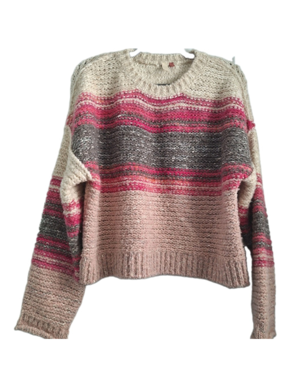 Pilcro Anthropologie Chunky Knit Striped Sweater Womens LARGE L Boho Pink Wool